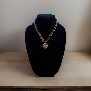 Steampunk Triple Strand Necklace | Brown Faceted Crystal Bead & Cogwheel Pendant